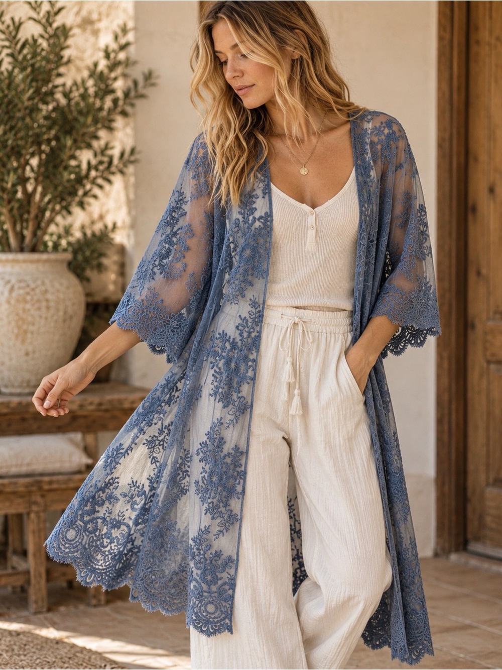 Listicle Blue Embroidered Lace Duster Kimono Cardigan Medium